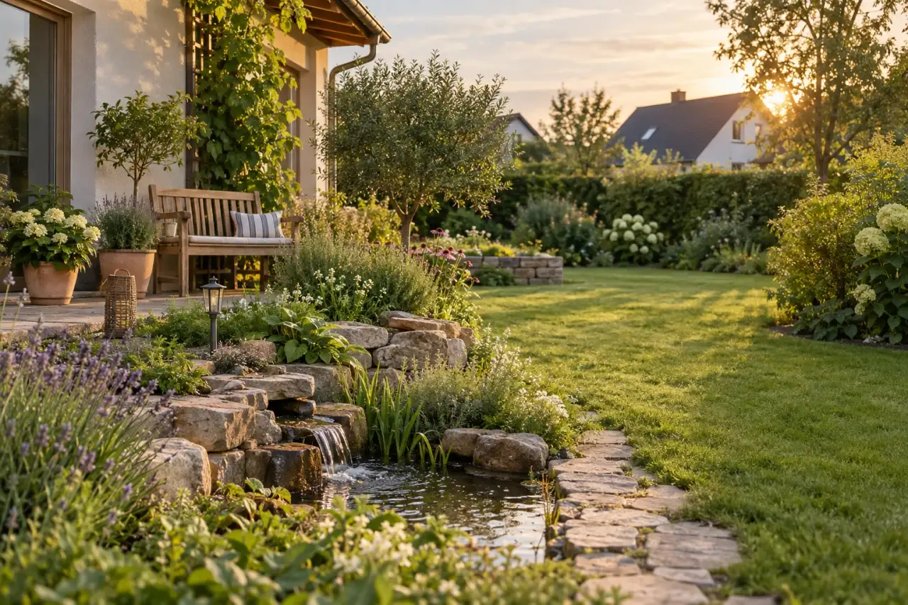 Ruhiger deutscher Hausgarten mit kleiner Wasserstelle und Sitzplatz.