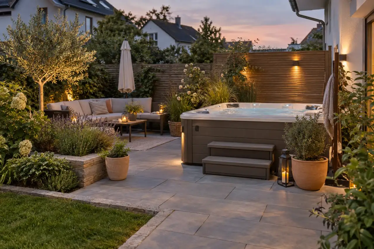 Fertige Whirlpool-Terrasse mit Lounge, Sichtschutz, Beeten und Abendlicht.