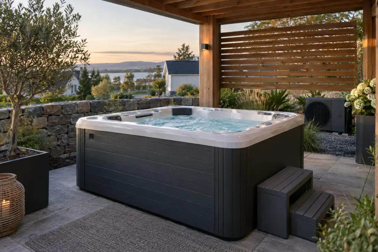 Geschützte, aber offen belüftete Whirlpool-Lage im Garten.