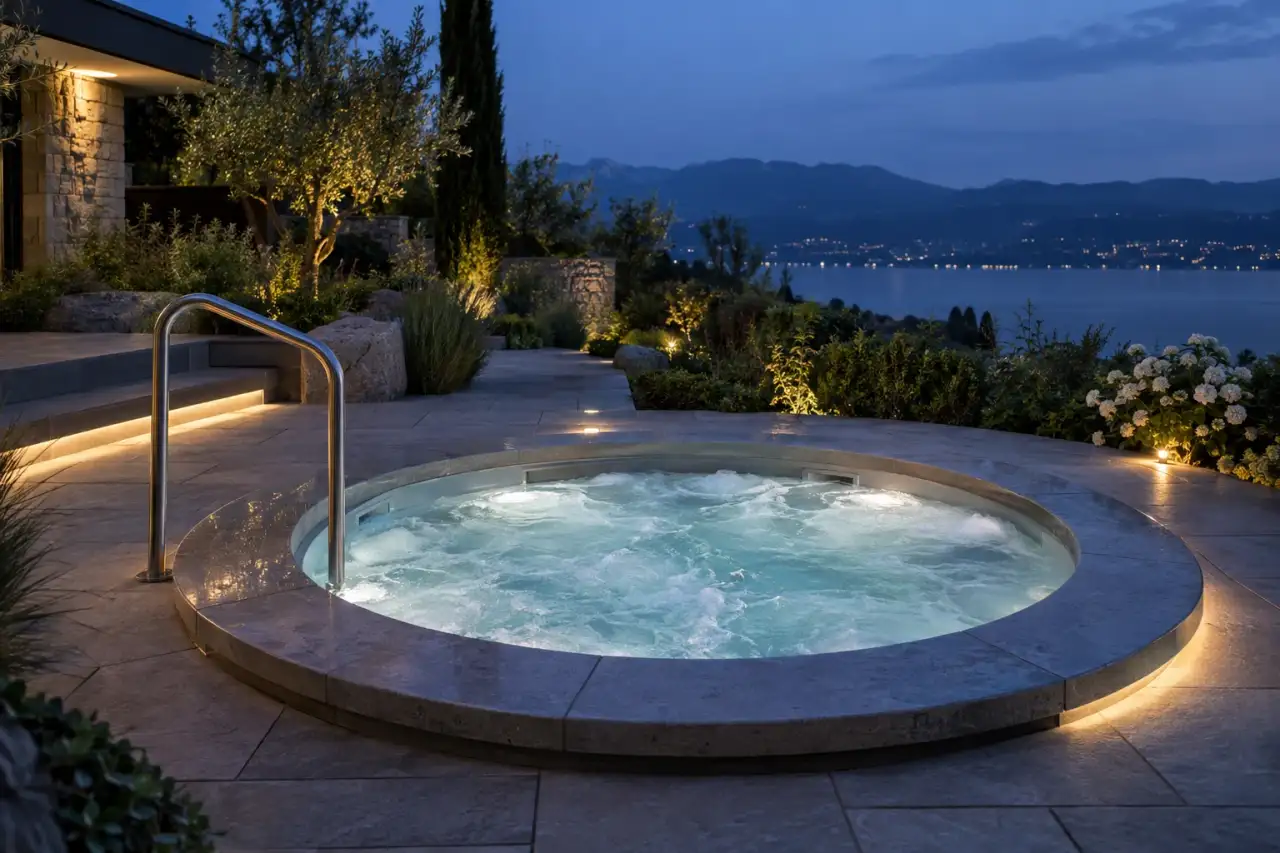 Gedämpft beleuchteter Whirlpool mit freiem Einstiegsweg.