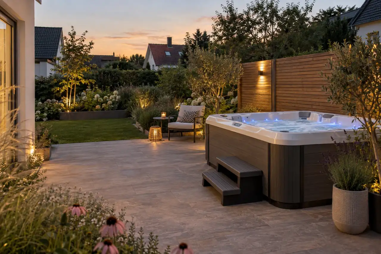 Ruhige Whirlpool-Terrasse mit Naturstein, Holzsichtschutz, Pflanzen und Sitzplatz.
