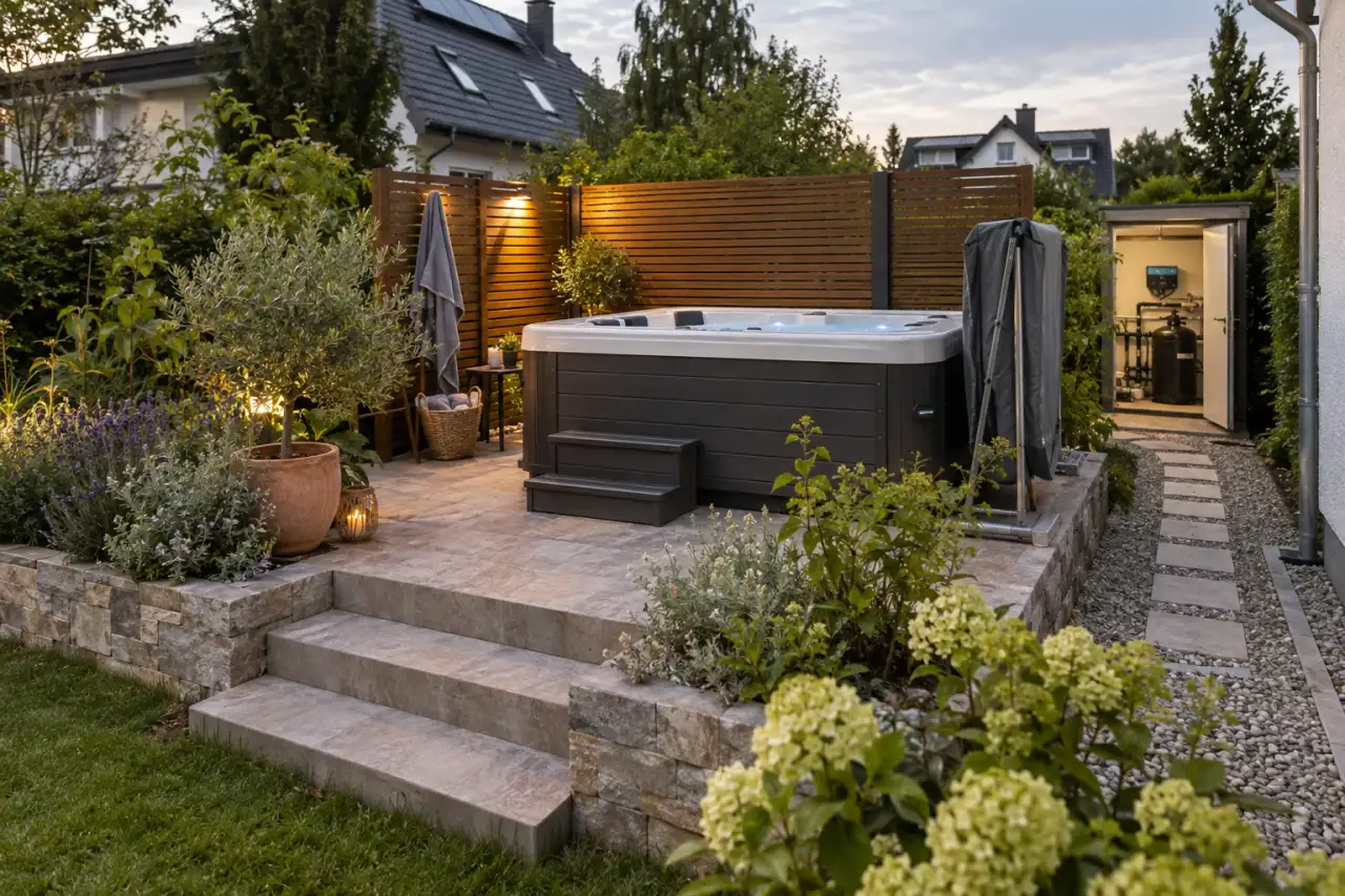 Zusammenhängende Whirlpool-Ecke mit sechs erkennbaren Gartenelementen.