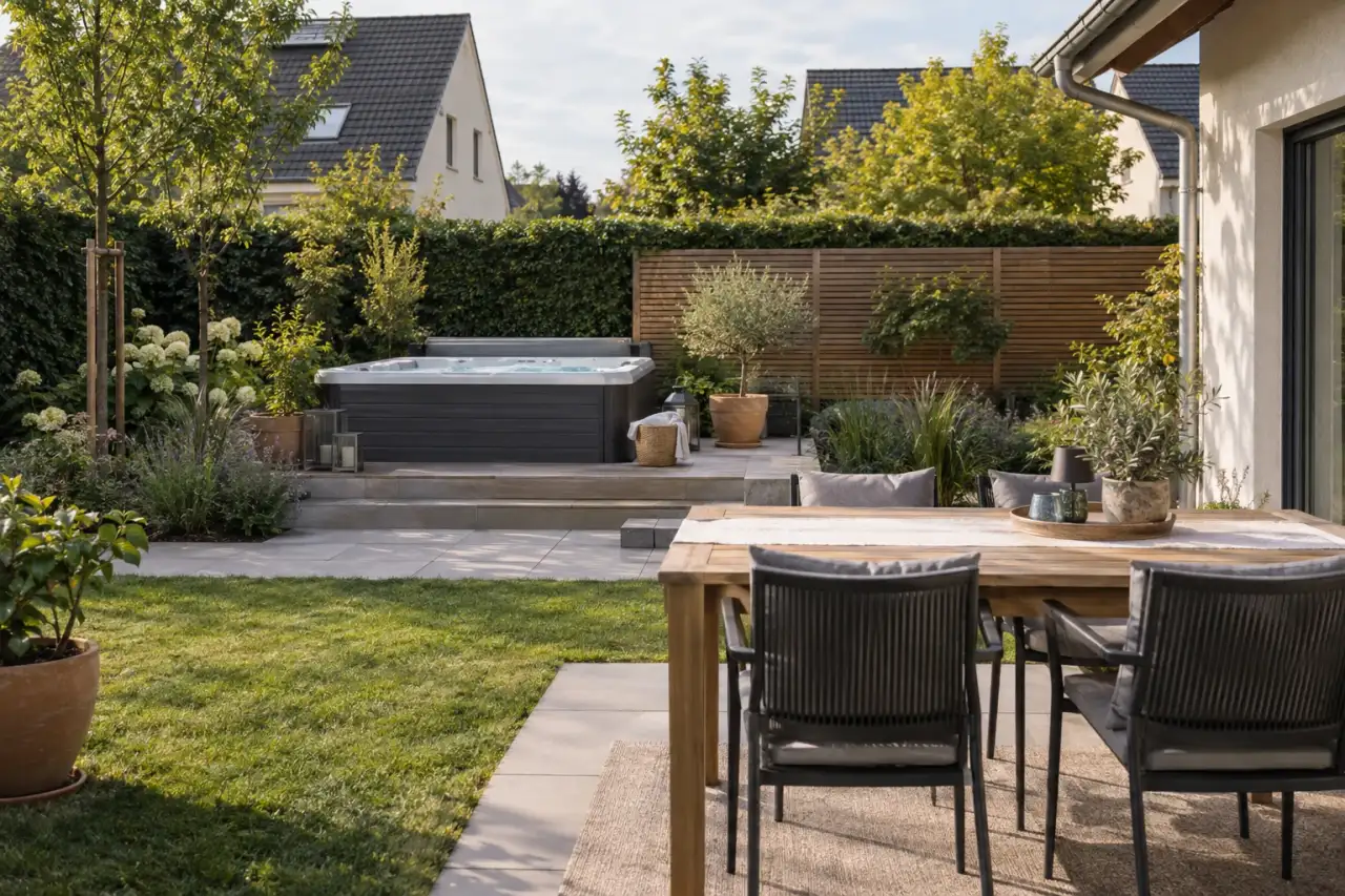 Klar gegliederte Whirlpool-Terrasse mit Sitz- und Essbereich.