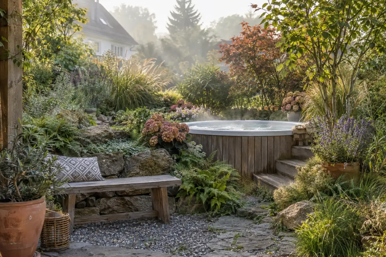 Naturnaher Wellnessbereich mit Gräsern, Farnen, Holz und Naturstein.