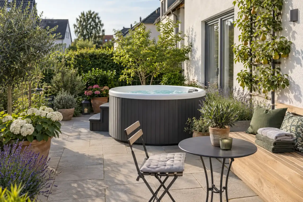 Whirlpool-Ecke an Hauswand mit Spalierobstbaum, Bank und Bistrotisch.