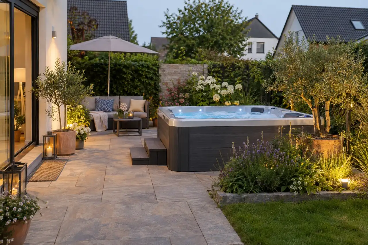 Natursteinrahmen um Whirlpool, Einstieg und Lounge.