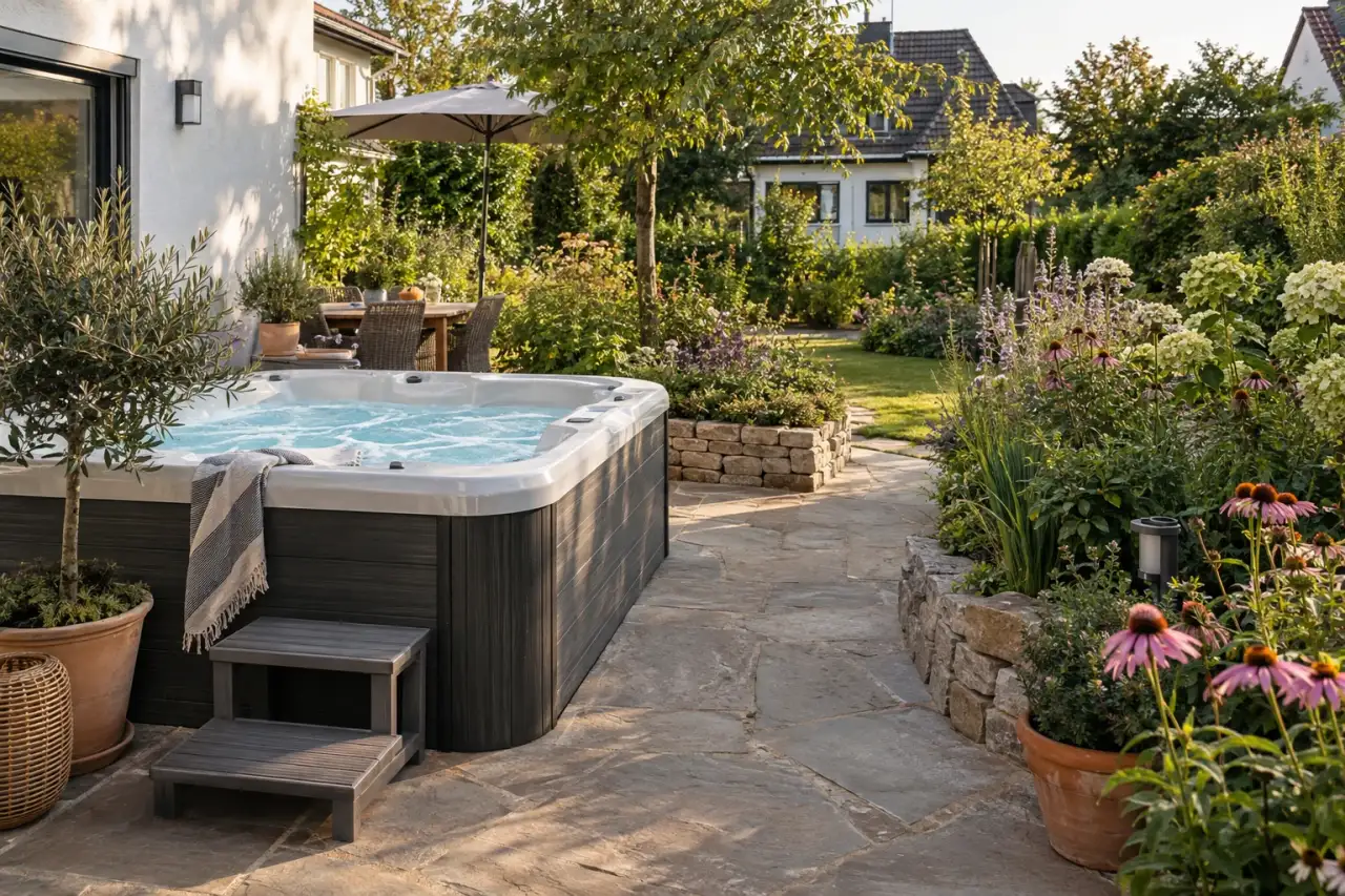 Lockeres Staudenbeet an einer Whirlpool-Natursteinterrasse.