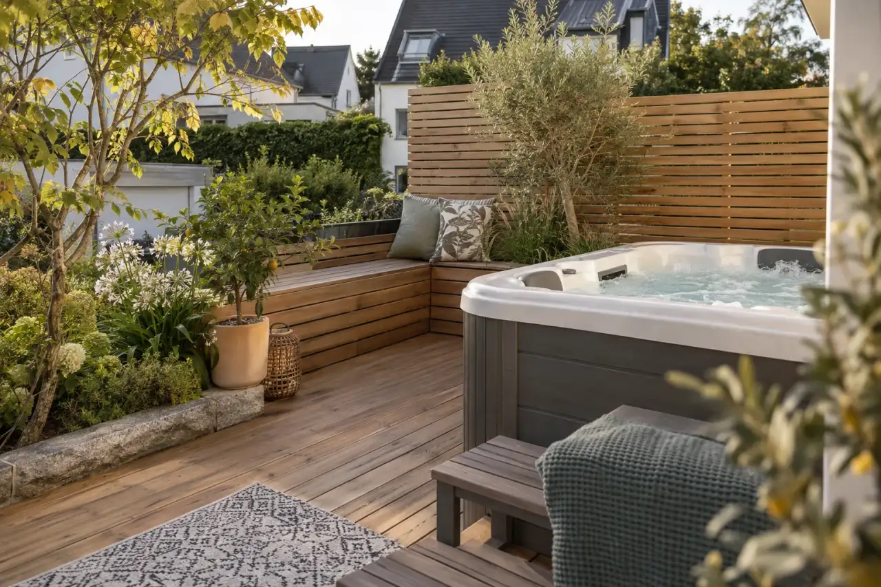 Whirlpool-Lounge mit Holzdeck, Sitzbank und Lamellensichtschutz.