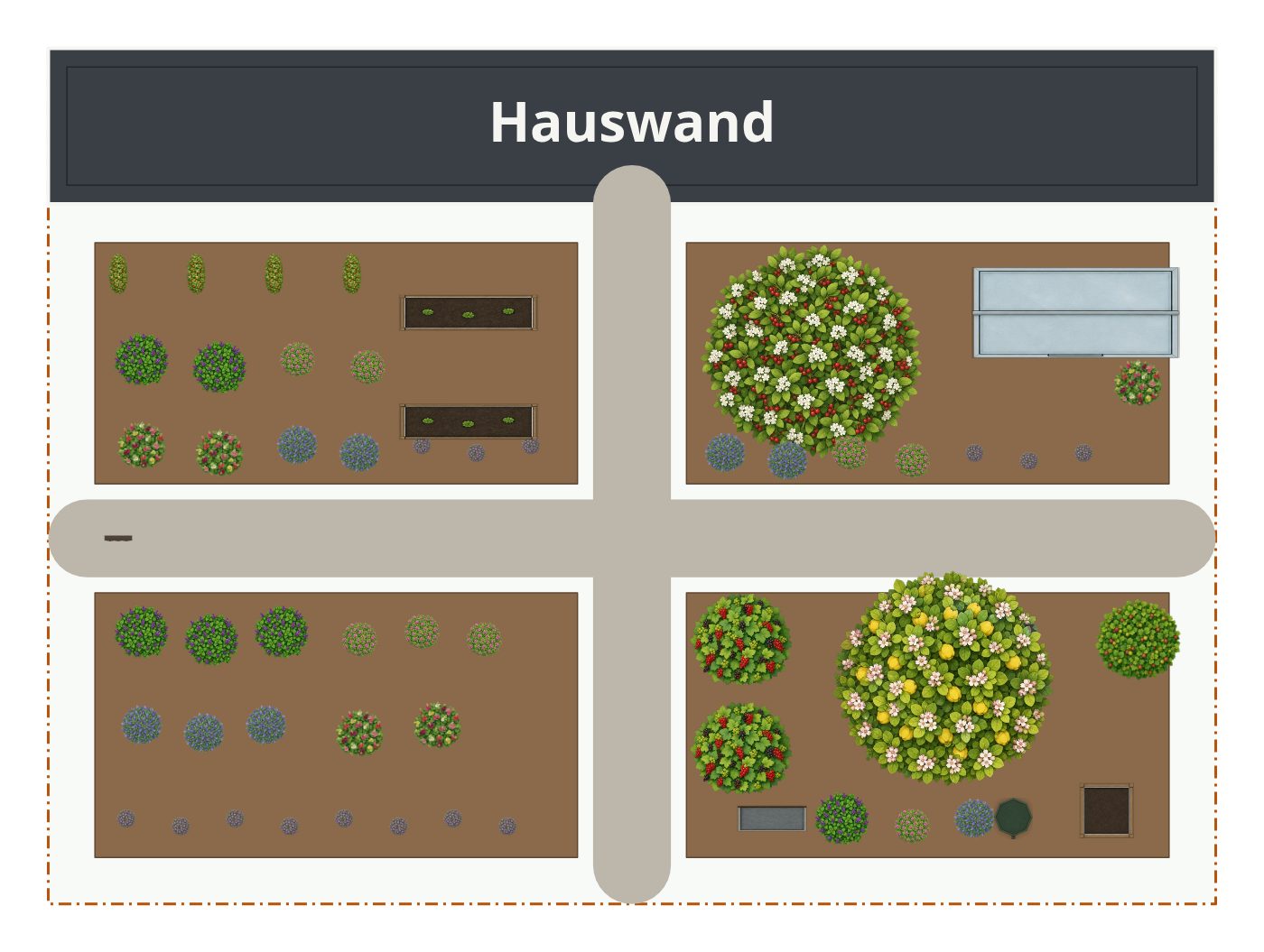 Beispielplan im Stil Bauerngarten – maßstabsgetreuer Grundriss von oben mit Terrasse, Wegen, Beeten und Bepflanzung.