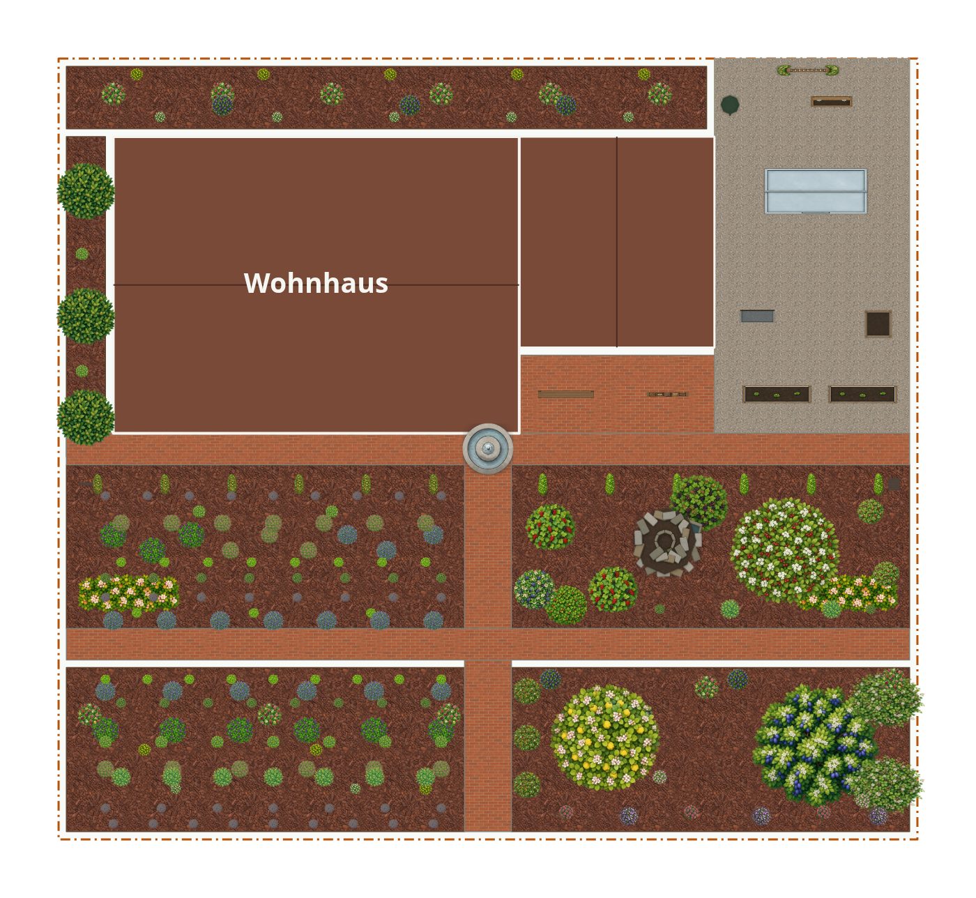 Beispielplan im Stil Bauerngarten – maßstabsgetreuer Grundriss von oben mit Terrasse, Wegen, Beeten und Bepflanzung.