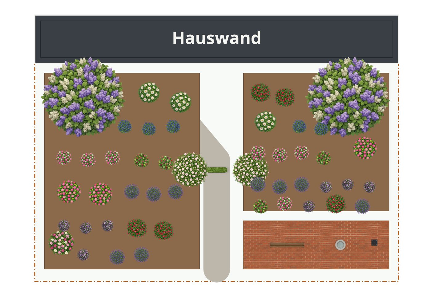 Beispielplan im Stil Cottagegarten – maßstabsgetreuer Grundriss von oben mit Terrasse, Wegen, Beeten und Bepflanzung.