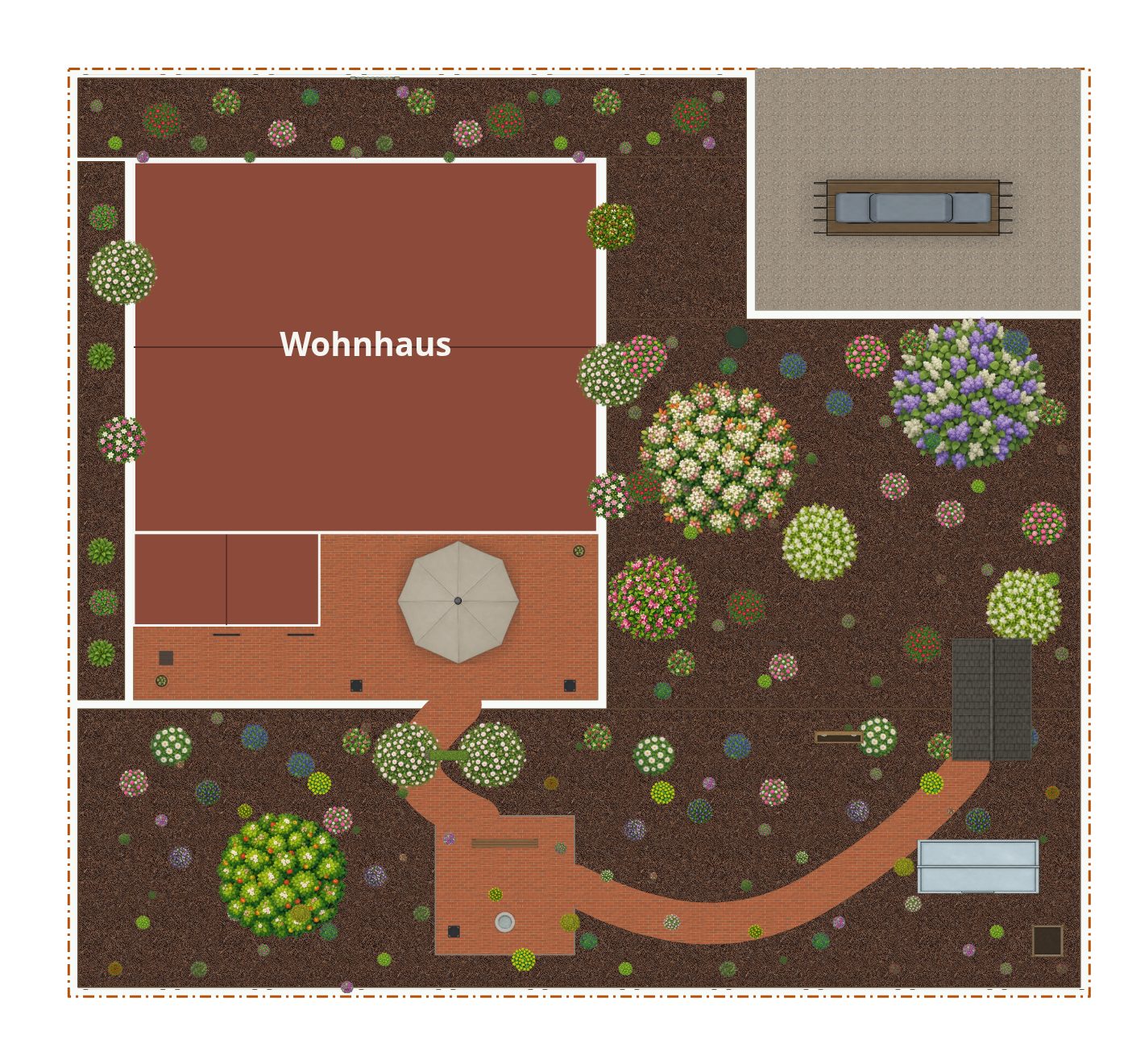 Beispielplan im Stil Cottagegarten – maßstabsgetreuer Grundriss von oben mit Terrasse, Wegen, Beeten und Bepflanzung.