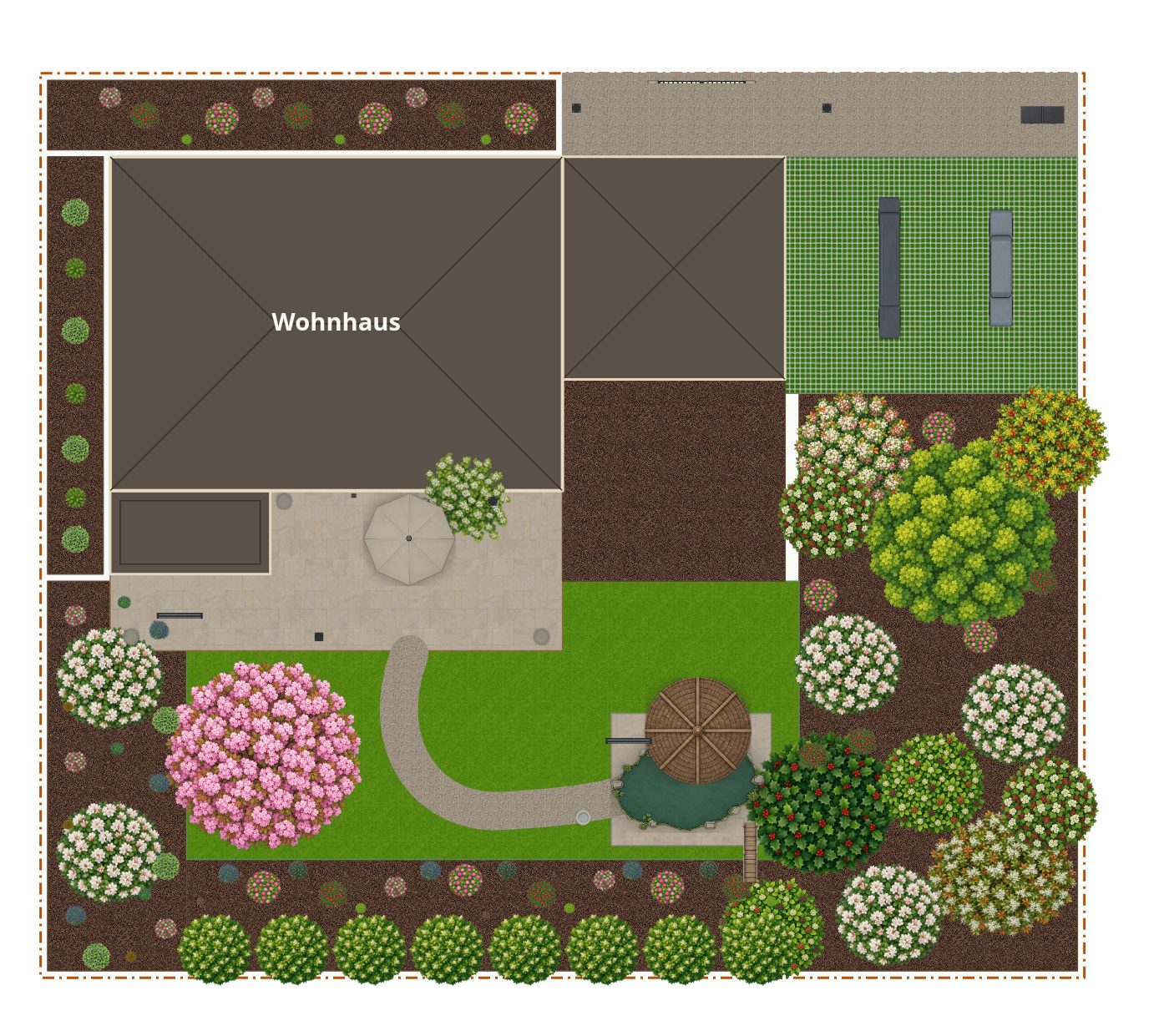 Beispielplan im Stil Englischer Garten – maßstabsgetreuer Grundriss von oben mit Terrasse, Wegen, Beeten und Bepflanzung.