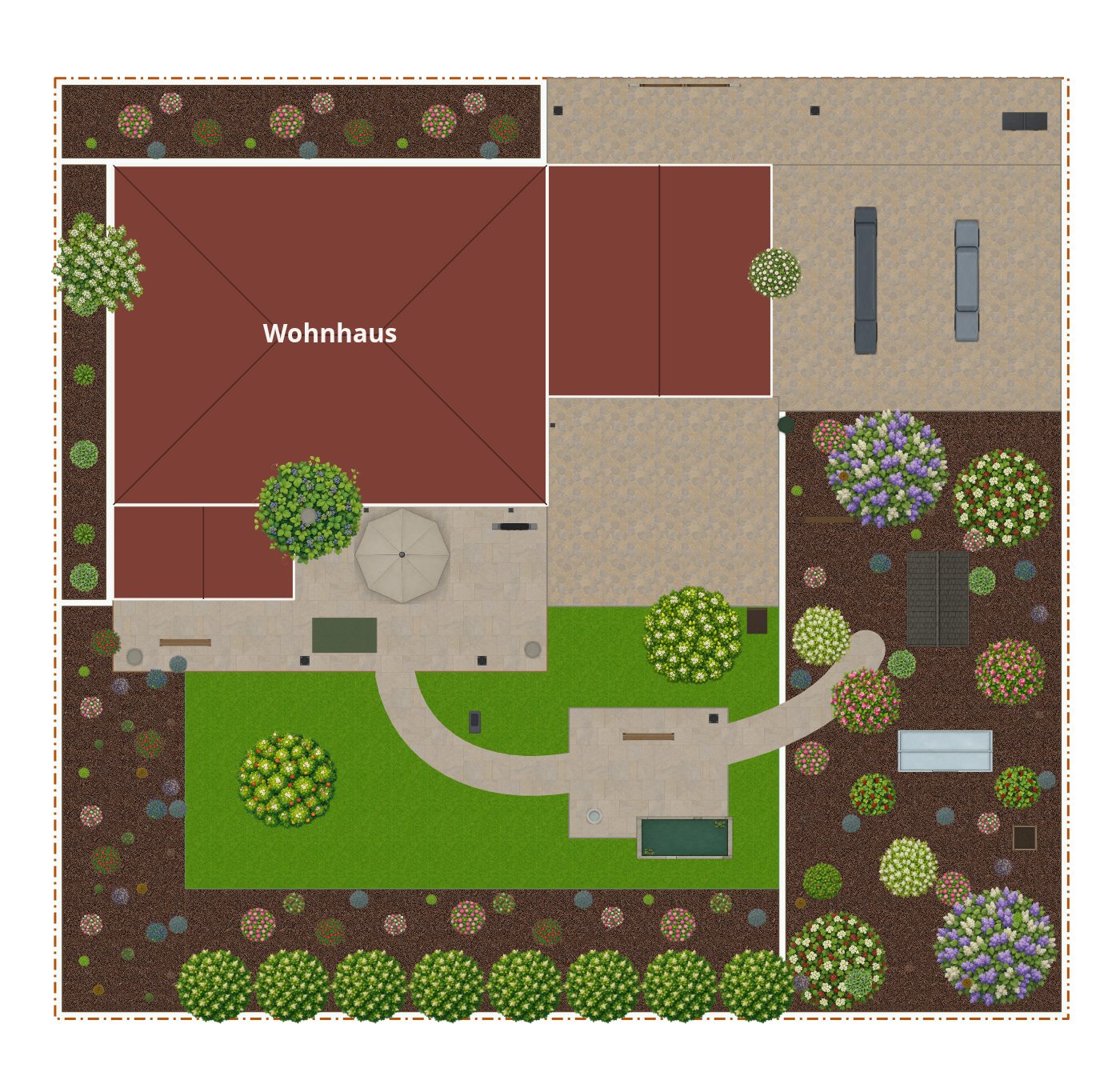 Beispielplan im Stil Landhausgarten – maßstabsgetreuer Grundriss von oben mit Terrasse, Wegen, Beeten und Bepflanzung.