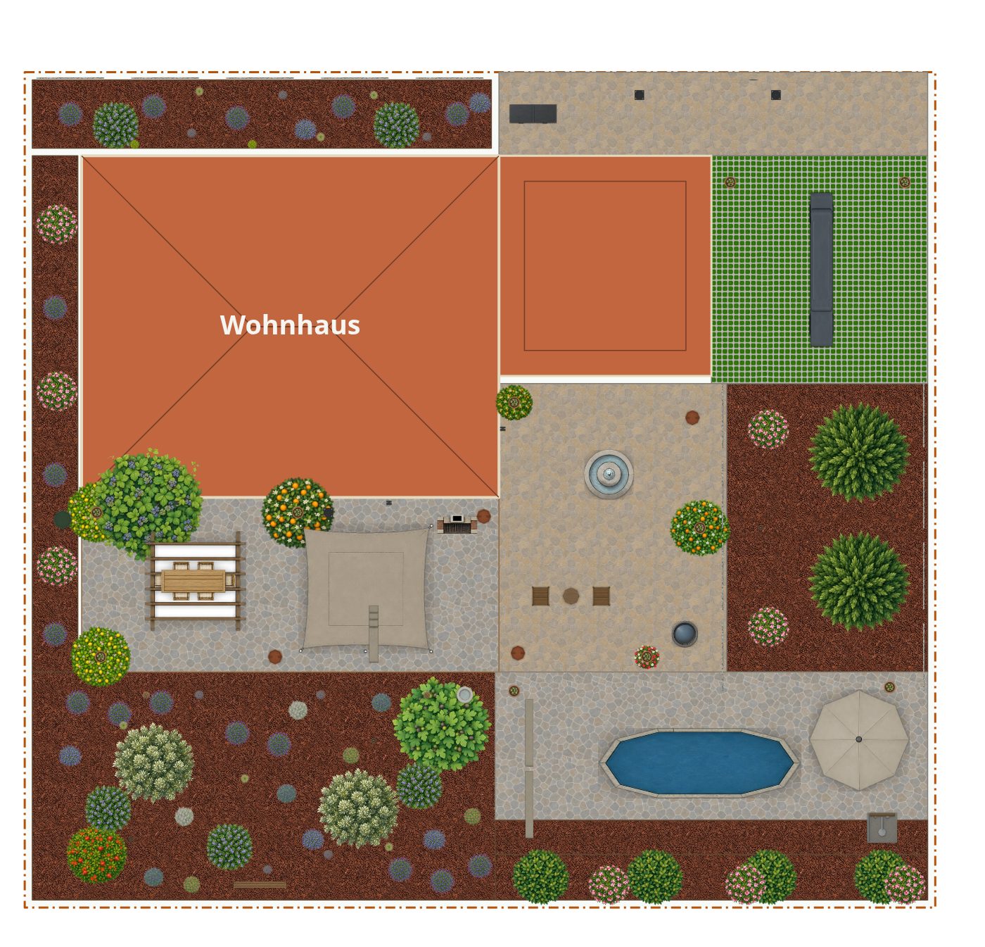 Beispielplan im Stil Mediterraner Garten – maßstabsgetreuer Grundriss von oben mit Terrasse, Wegen, Beeten und Bepflanzung.