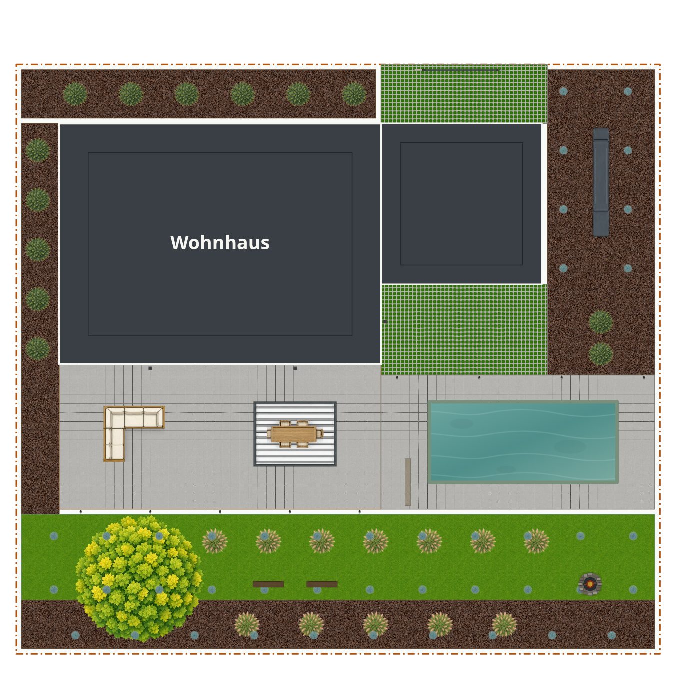 Beispielplan im Stil Minimalistischer Garten – maßstabsgetreuer Grundriss von oben mit Terrasse, Wegen, Beeten und Bepflanzung.