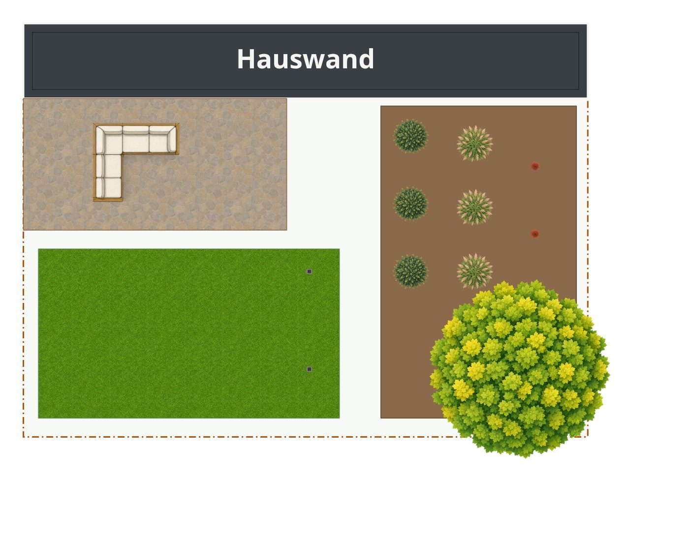 Beispielplan im Stil Moderner Garten – maßstabsgetreuer Grundriss von oben mit Terrasse, Wegen, Beeten und Bepflanzung.
