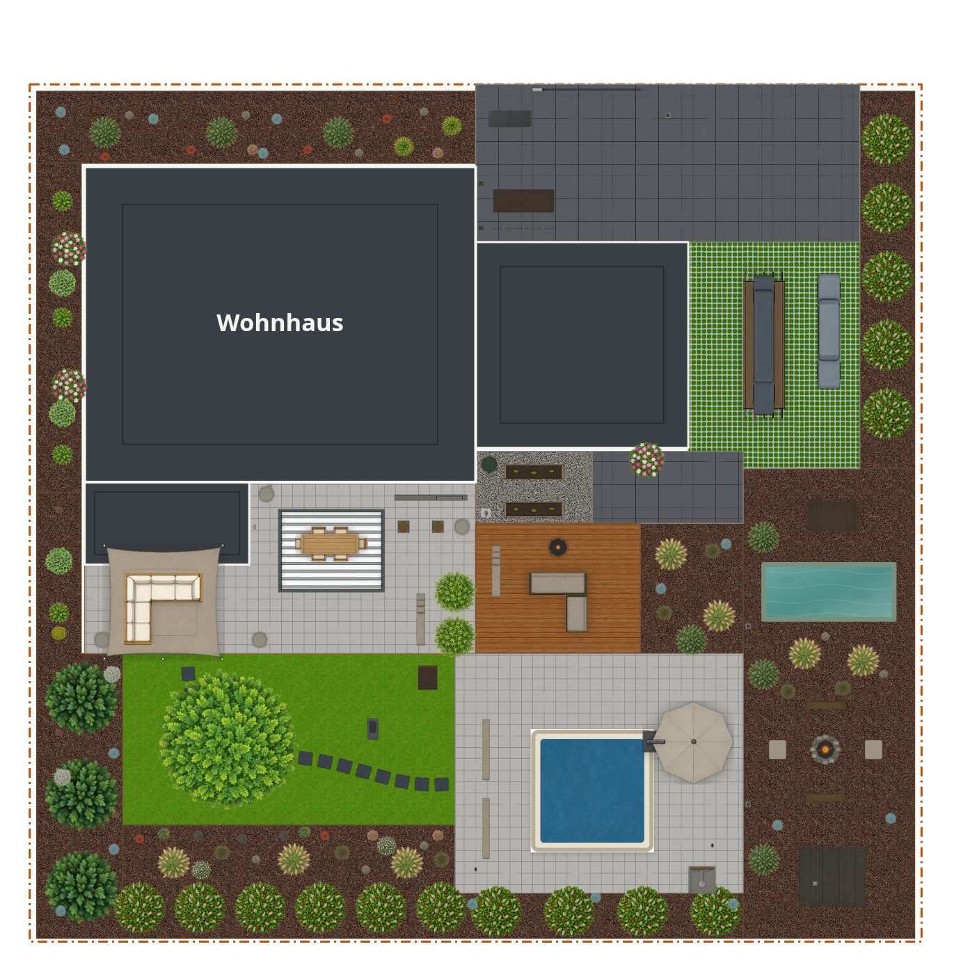 Beispielplan im Stil Moderner Garten – maßstabsgetreuer Grundriss von oben mit Terrasse, Wegen, Beeten und Bepflanzung.