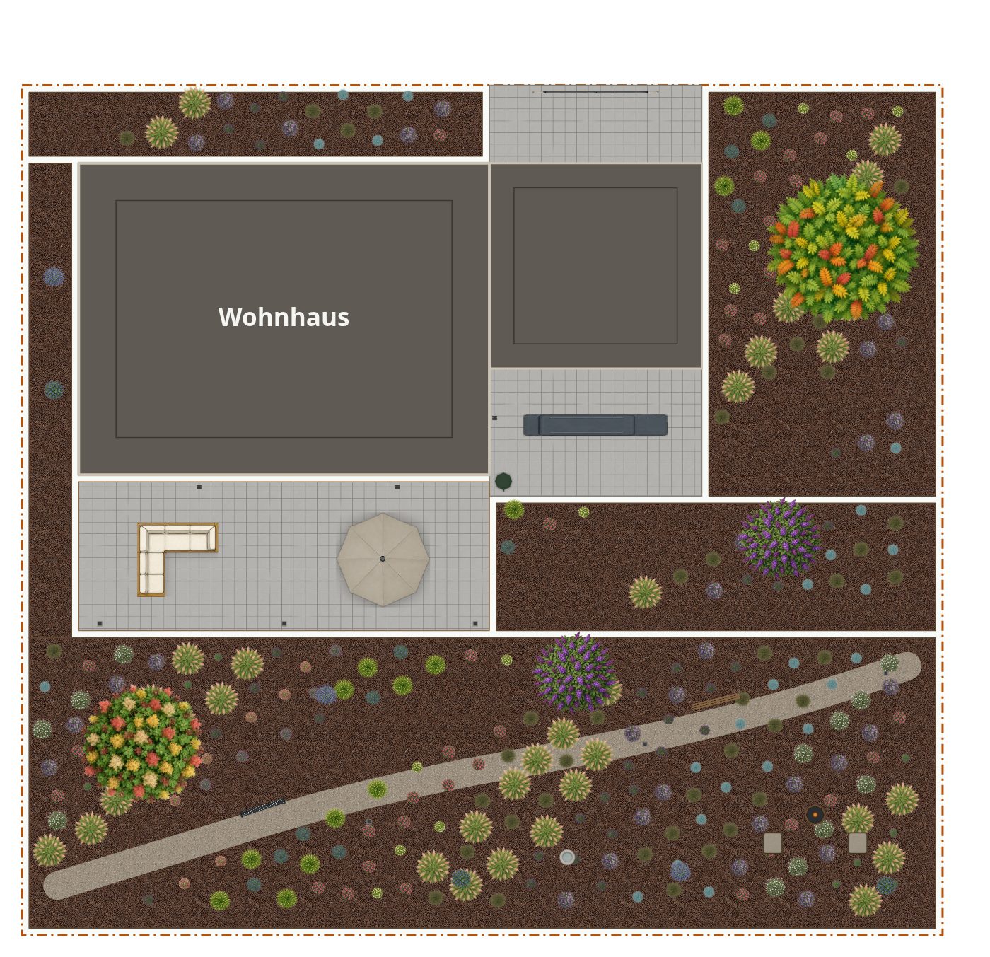 Beispielplan im Stil Präriegarten – maßstabsgetreuer Grundriss von oben mit Terrasse, Wegen, Beeten und Bepflanzung.