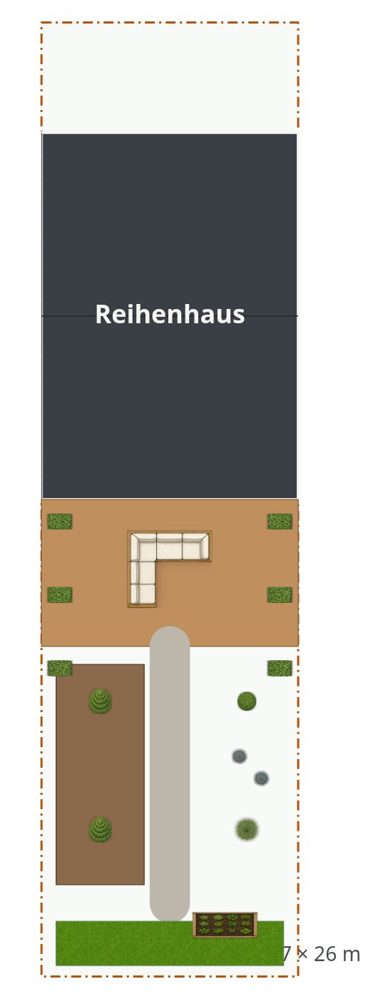 Beispielplan: Reihenhausgarten planen – Grundriss, Maße & Beispielplan