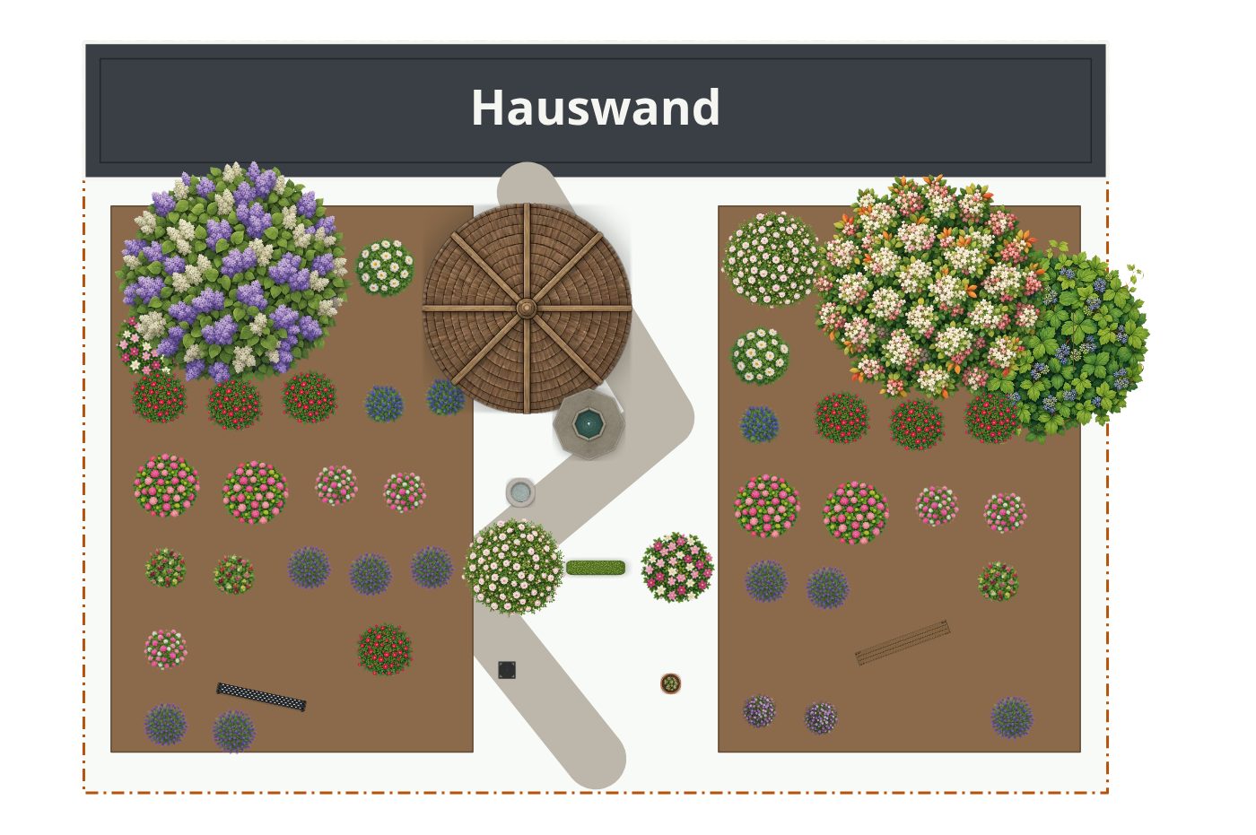 Beispielplan im Stil Romantischer Garten – maßstabsgetreuer Grundriss von oben mit Terrasse, Wegen, Beeten und Bepflanzung.