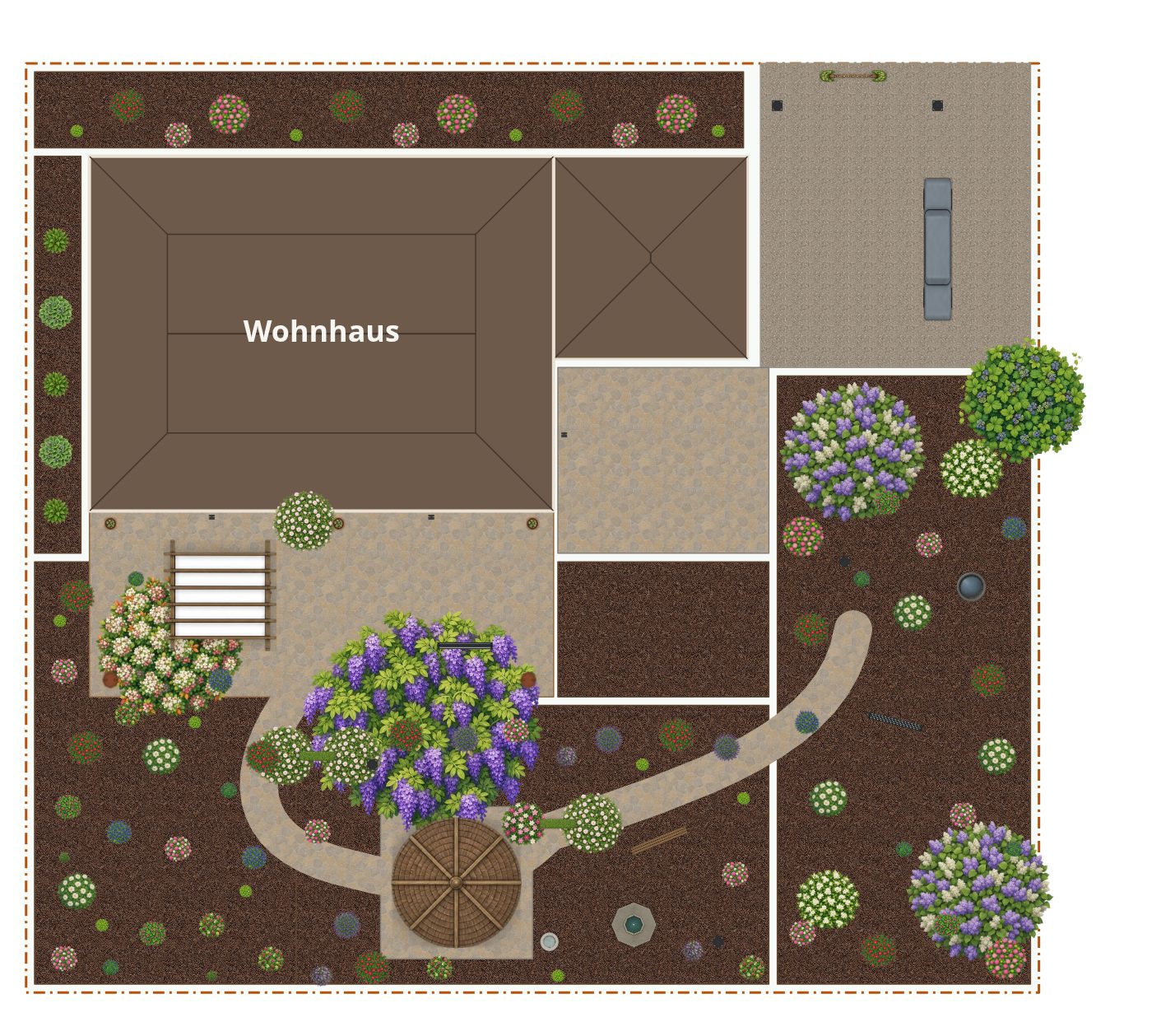 Beispielplan im Stil Romantischer Garten – maßstabsgetreuer Grundriss von oben mit Terrasse, Wegen, Beeten und Bepflanzung.