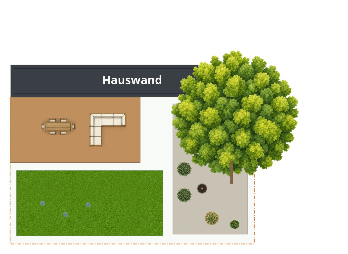 Beispielplan im Stil Skandinavischer Garten – maßstabsgetreuer Grundriss von oben mit Terrasse, Wegen, Beeten und Bepflanzung.