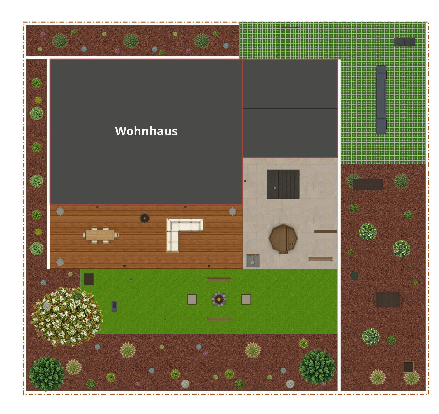 Beispielplan im Stil Skandinavischer Garten – maßstabsgetreuer Grundriss von oben mit Terrasse, Wegen, Beeten und Bepflanzung.