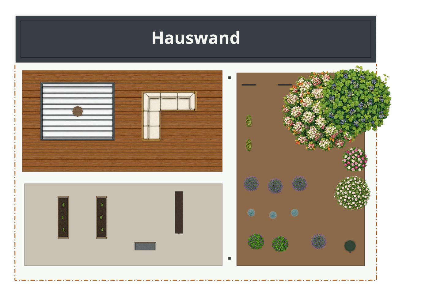 Beispielplan im Stil Urbaner Garten – maßstabsgetreuer Grundriss von oben mit Terrasse, Wegen, Beeten und Bepflanzung.