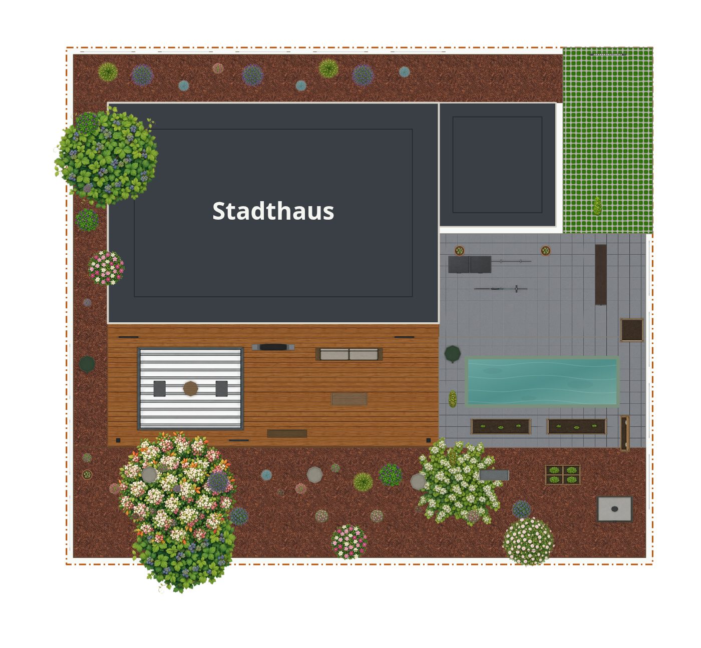 Beispielplan im Stil Urbaner Garten – maßstabsgetreuer Grundriss von oben mit Terrasse, Wegen, Beeten und Bepflanzung.
