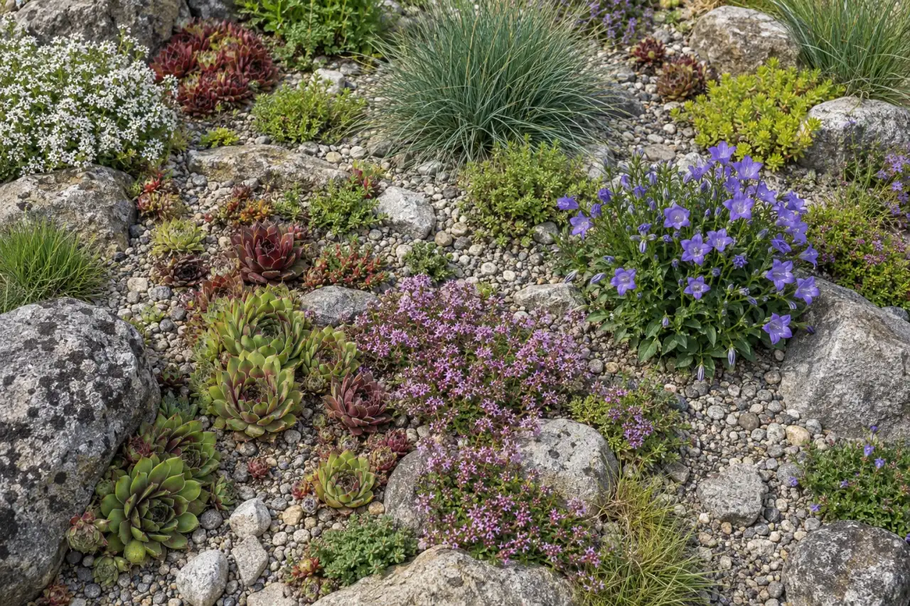 Feines Pflanzenmosaik aus Rosetten, Polstern, Glockenblumen und niedrigen Gräsern