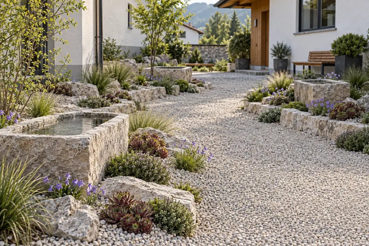 Reduzierte Gartenlinie mit wiederkehrenden Pflanzen- und Steinmotiven