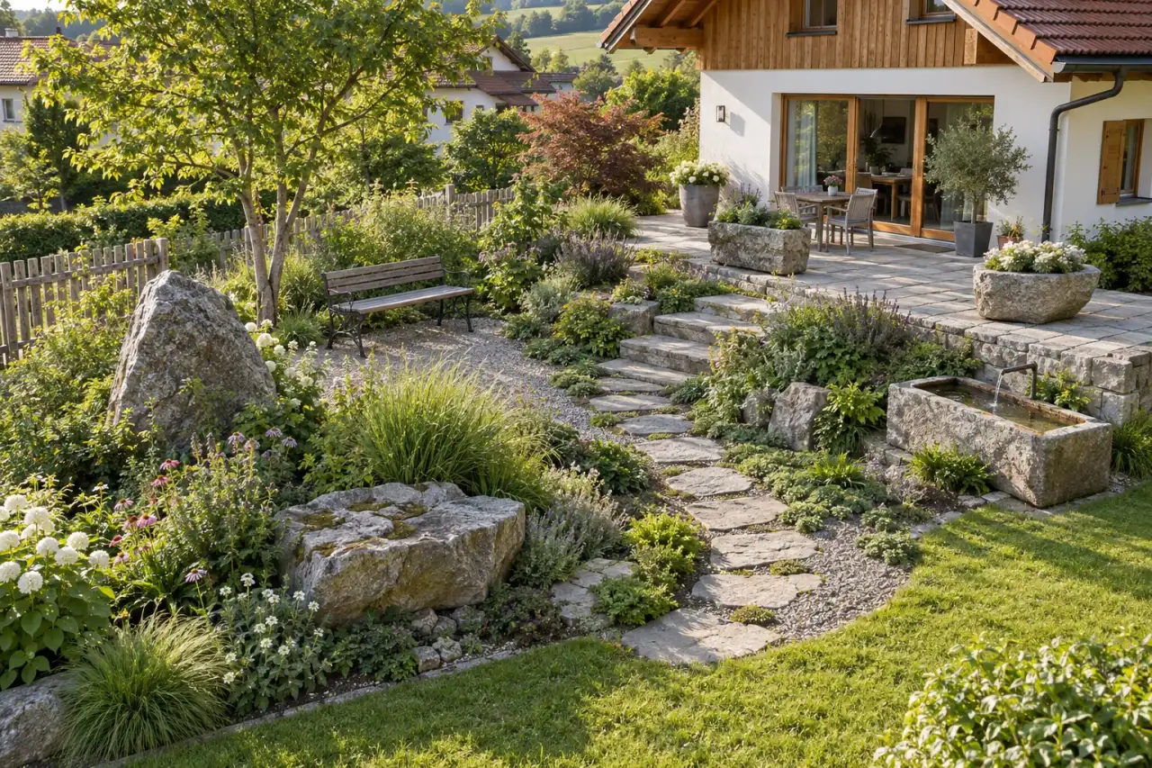 Gesamtansicht mit Natursteinblöcken, Trittweg, Pflanztaschen, Beetrücken, Bank und Steintrögen