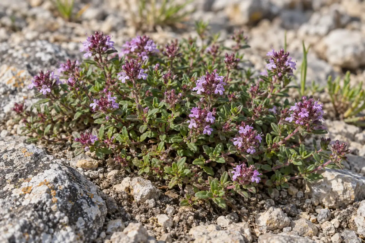 Sand-Thymian als niedriger Teppich auf sonniger mineralischer Fläche