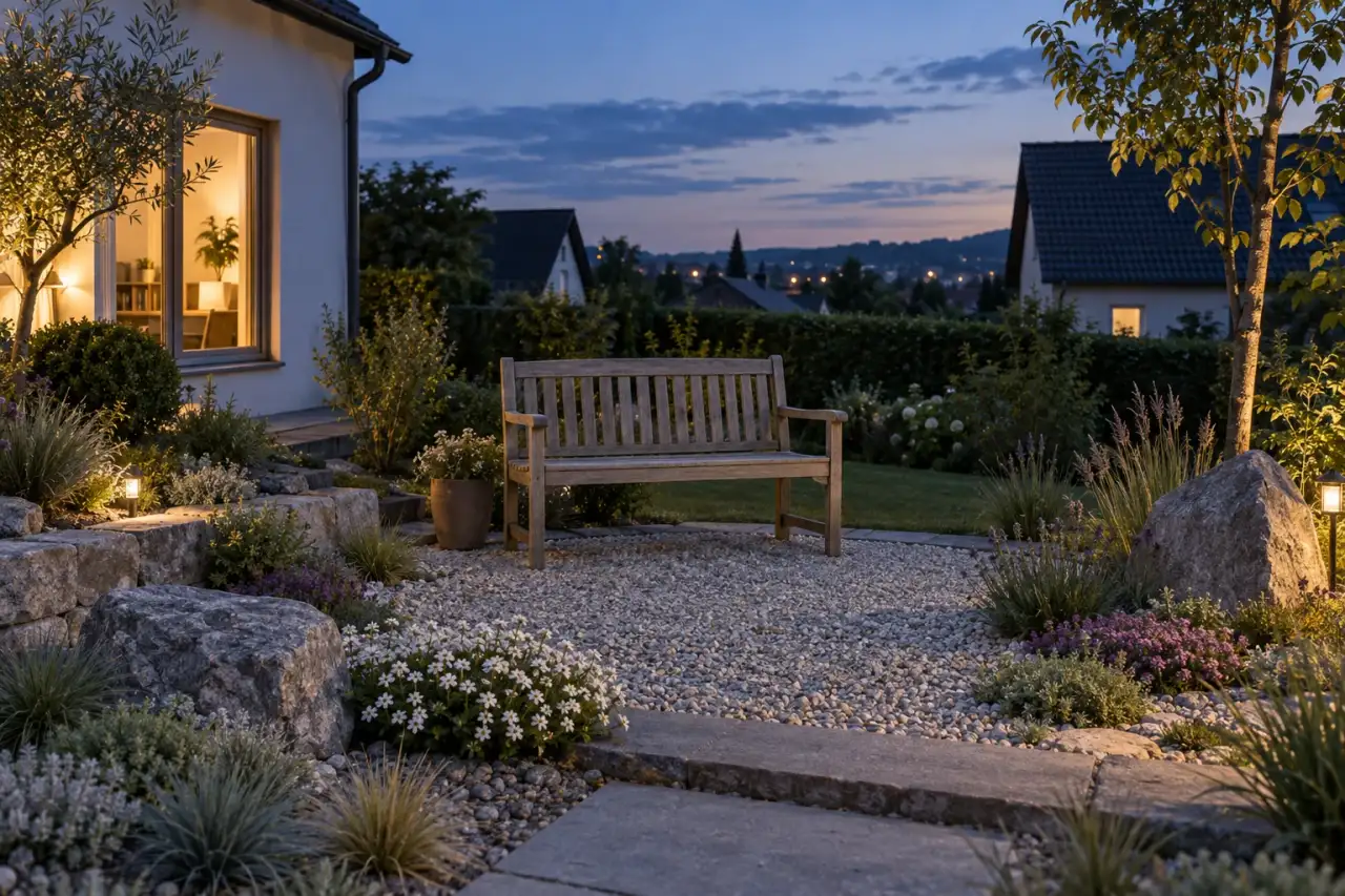 Ruhiger Sitzplatz im Alpengarten bei sanftem Abendlicht
