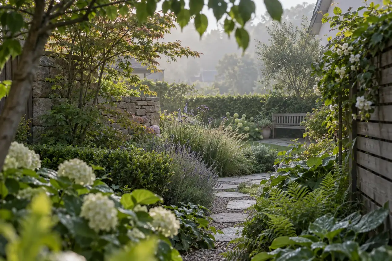 Gerahmter Ausblick durch gestaffeltes Grün auf einen teilweise verdeckten Gartenweg