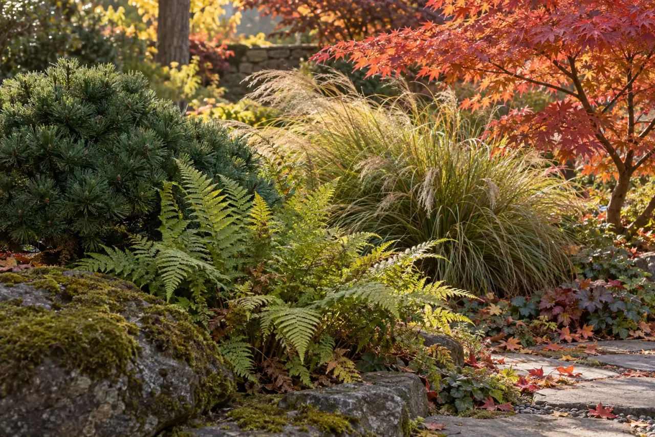 Immergrüne Form zwischen Farnen, bewegtem Gras und herbstlichem Fächerahornlaub