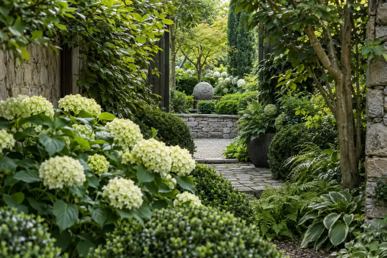 Gestaffelter Gartenblick mit Vordergrund, verdecktem Übergang und gerahmtem Zielpunkt