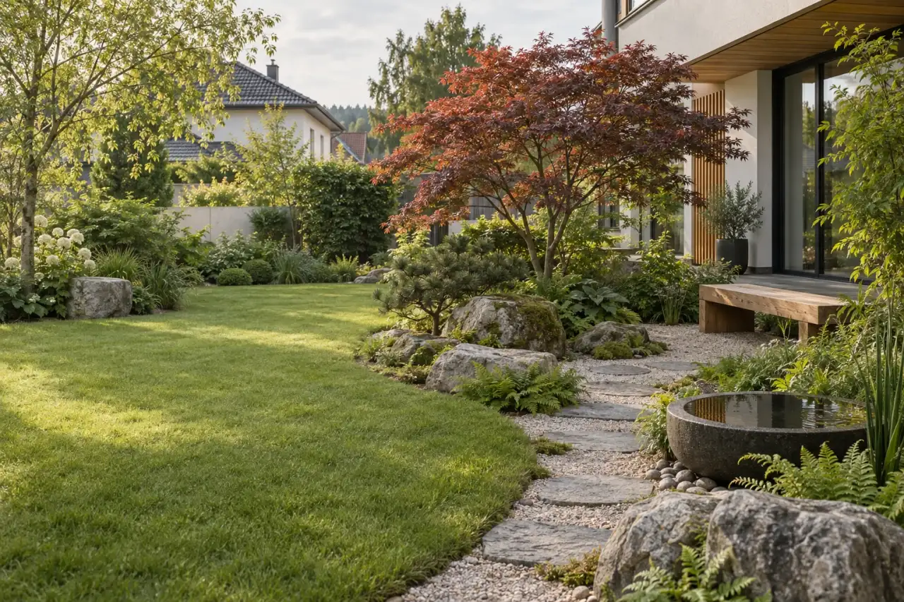 Ruhiger asiatisch inspirierter Hausgarten mit Natursteinen, Plattenweg, Fächerahorn und Holzbank