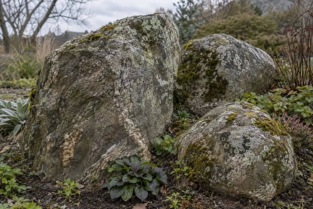 Asymmetrisch gruppierte regionale Natursteine mit sichtbarer Oberflächenstruktur