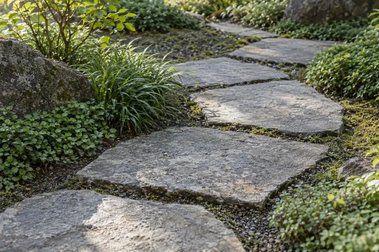 Versetzt angeordnete Natursteinplatten zwischen niedriger Bepflanzung