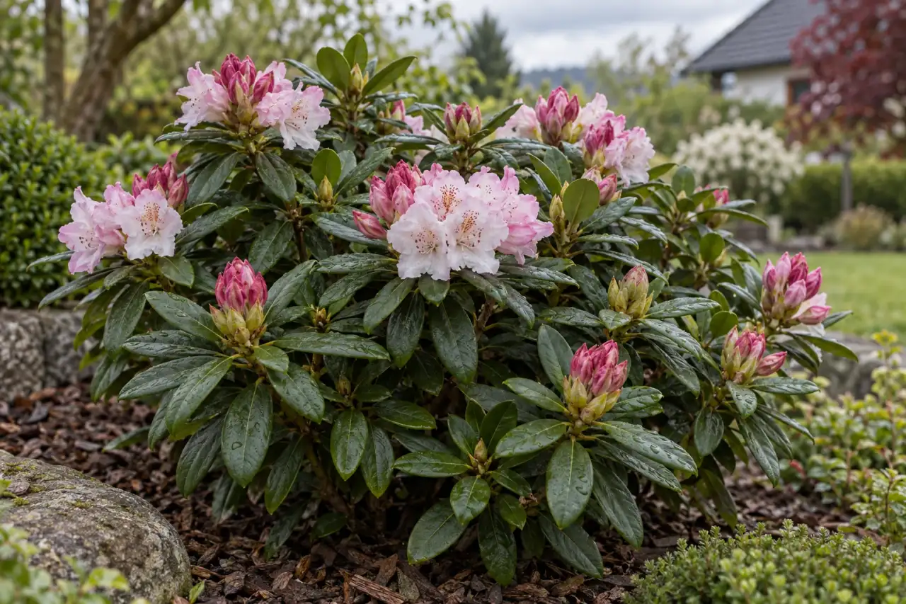 Kompakter Rhododendron mit dichtem Laub und saisonaler Blüte