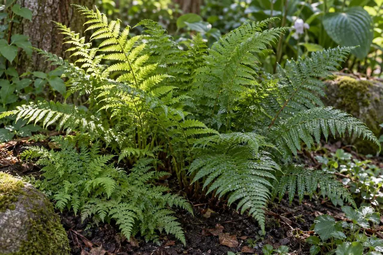 Vielschichtige grüne Farnwedel in einem halbschattigen Gartenbereich
