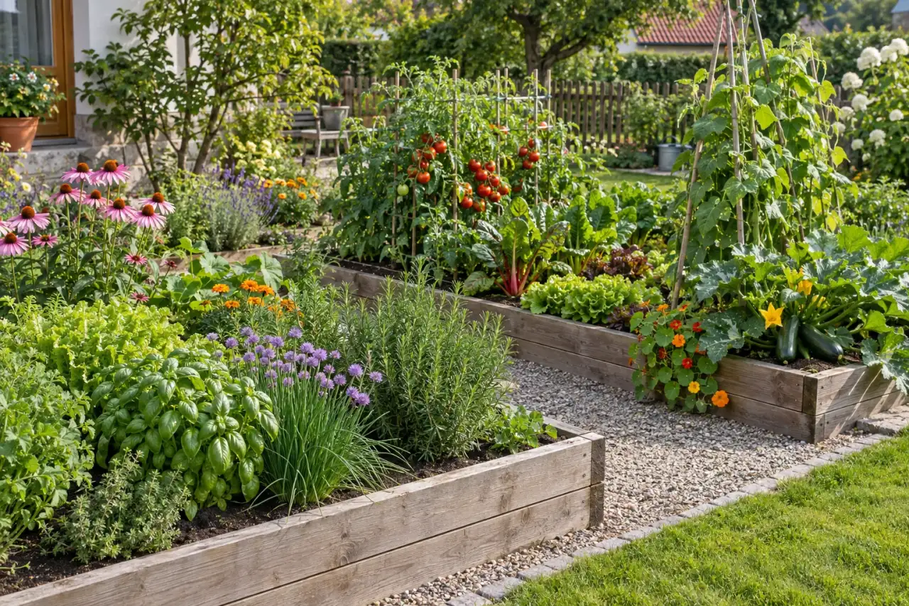 Blüten, Kräuter und Gemüse in benachbarten klar gefassten Beeten