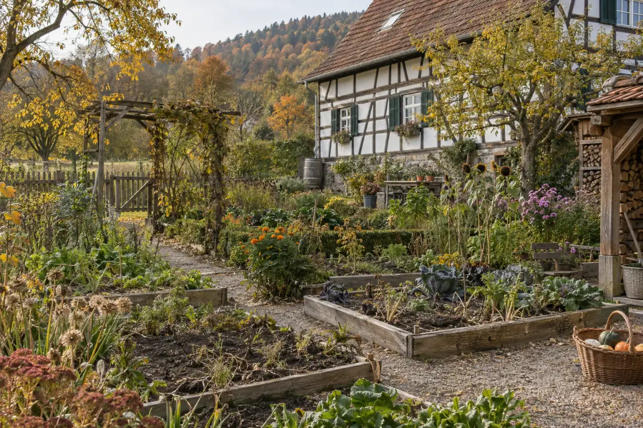Bauerngarten im späteren Jahreslauf mit klarer Struktur und Ernteflächen