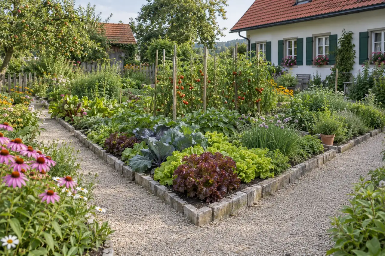 Üppig bepflanzte Beete mit klaren Wegen und niedrigen Einfassungen