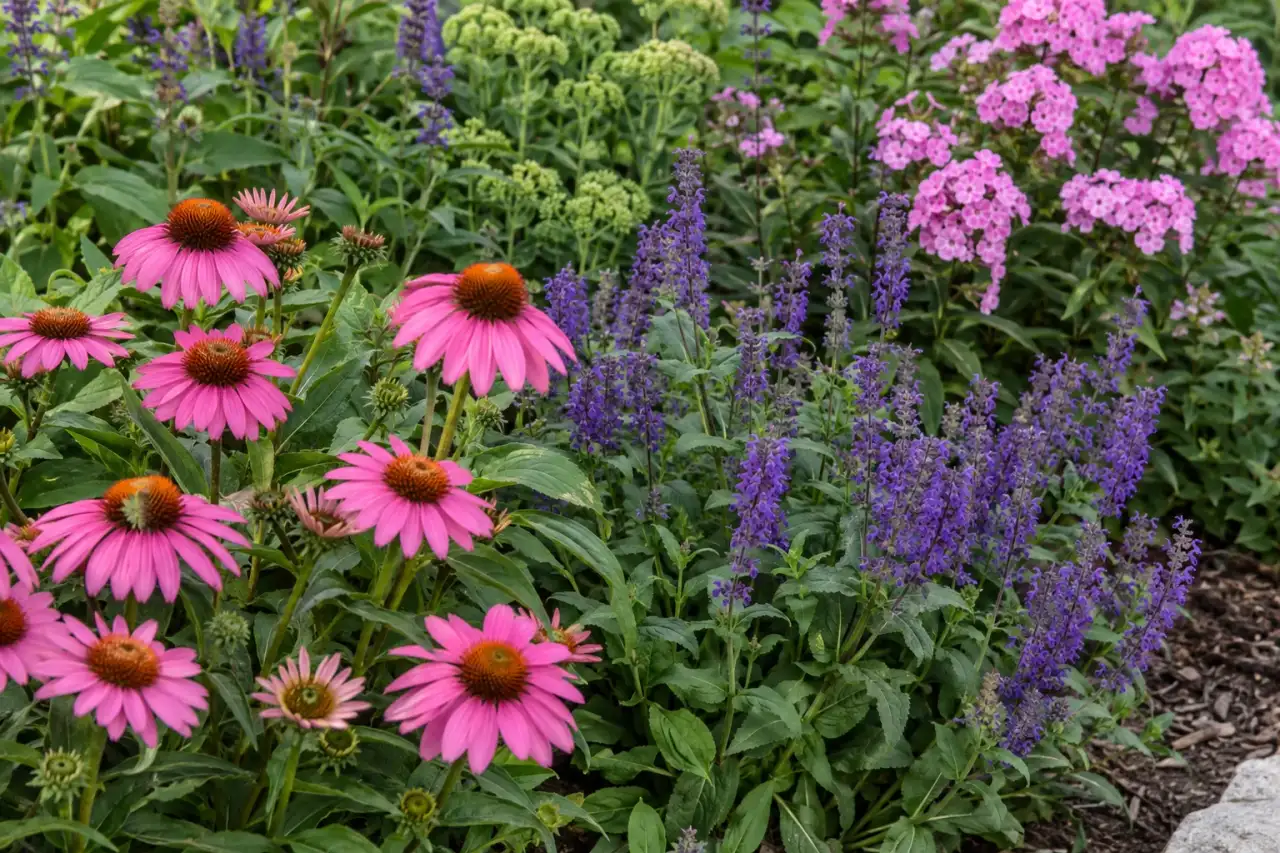 Wiederkehrende rosa und violette Blütenfarben in mehreren Pflanzgruppen