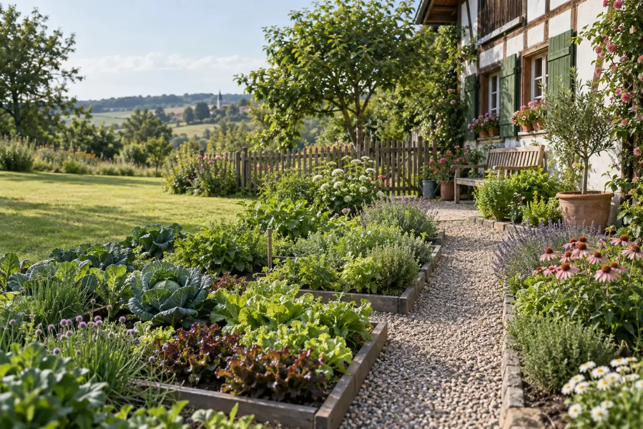 Einladender Bauerngarten mit üppigen Beeten, klaren Kieswegen, Holzzaun und Bank