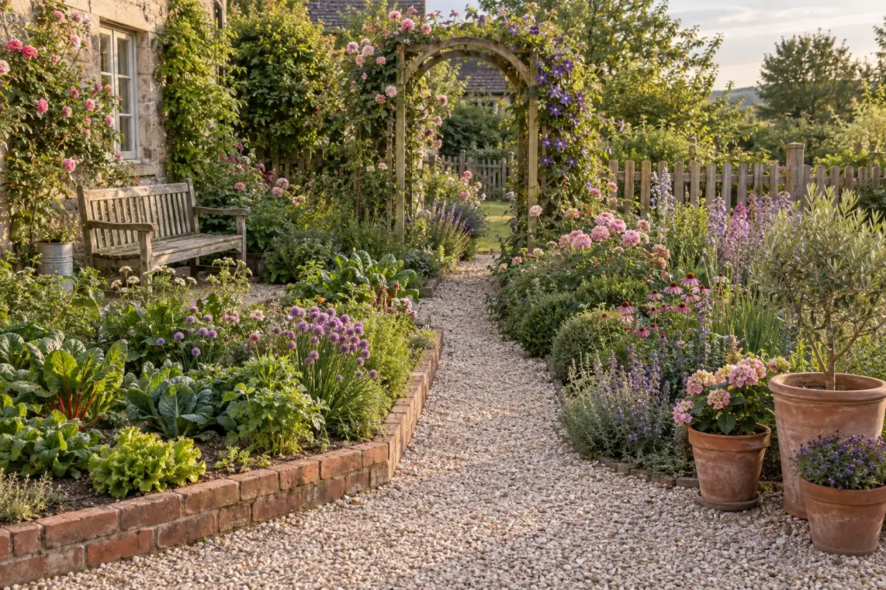 Bauerngarten: Klare Gartenwege, Niedrige Beeteinfassungen, Holz- oder Staketenzaun, Rankgerüst, Holzbank am Beet, Pflanzgefäße aus Ton in einer gemeinsamen Gartenszene