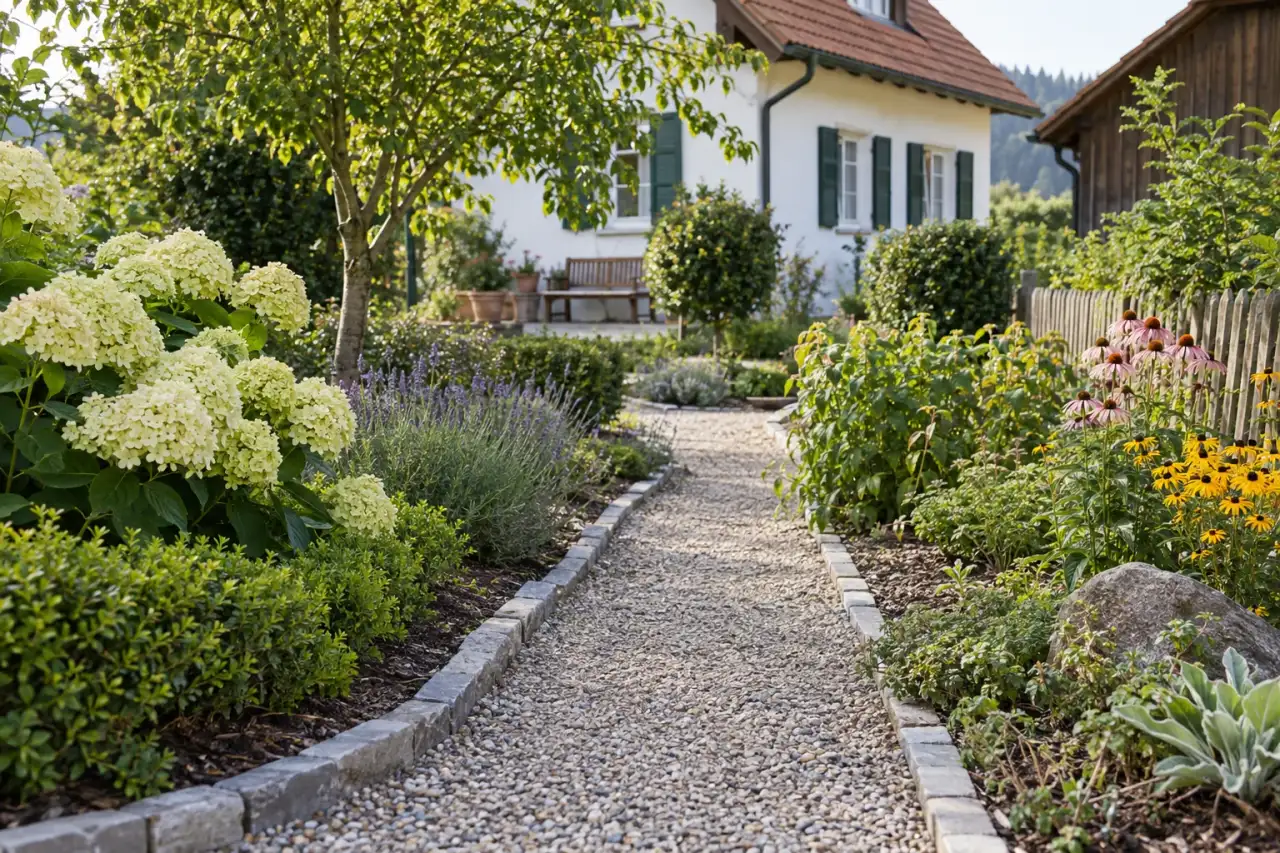 Klar geführter Kiesweg zwischen bepflanzten Gartenbeeten